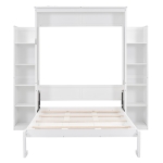 Full Size Murphy Bed with Shelves and LED Lights, Space-Saving Wall Bed with Flexible Slats, 87" L x 81" W x 83.5" H, White