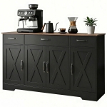 HOMCOM Sideboard Buffet Cabinet, 55" Farmhouse Kitchen Cabinet with 4 Barn Doors, 3 Drawers, 3 Adjustable Shelves, Black