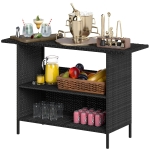 Outsunny Wicker Outdoor Bar Table, PE Rattan Bar Height Patio Table with 2 Shelves, Steel Frame for Garden, Backyard, Black