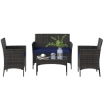Outsunny 4 Pieces Wicker Outdoor Balcony Furniture Set Rattan Patio Furniture Set with Loveseat Chairs Glass Coffee Table Navy Blue