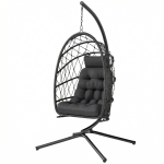 Outsunny Hanging Egg Chair with Stand, Foldable Wicker Rattan Swing Chair with Thick Cushion, Dust Cover and Safety Rope, Black