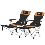 Outsunny Set of 2 Reclining Camping Chair with Foot Rest, Folding Camping Chair w/ Headrest, Cup Holder, Storage Bag, Orange