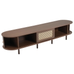 Minimalist TV Stand with Rattan Drawer and 2 Sliding Doors, Oval Media Console with Space-Saving Top, 71'' L x 15.5'' W x 15.5'' H, Dark Oak