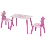 Qaba 3-Piece Kids Wooden Table and Chair Set with Crown Pattern Gift for Girls Toddlers Arts Reading Writing Age 2-4 Years Pink