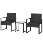 Outsunny Outdoor Bistro Set, 3 Piece Wicker Patio Furniture Set with Glass Top Table and Cushions for Porch, Balcony, Black