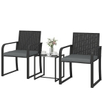 Outsunny Outdoor Bistro Set, 3 Piece Wicker Patio Furniture with Mesh Seat, Glass Table, Cushions for Porch, Balcony, Grey