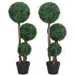 HOMCOM 35 Inch Potted Fake Plant Set of 2, Artificial Boxwood Topiary Tree, Triple Ball Tree for Indoor and Outdoor, Green