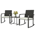 Outsunny 3 Pieces Rocking Bistro Set Outdoor Patio Furniture Set with Cushions, Glass Coffee Table for Balcony, Cream White