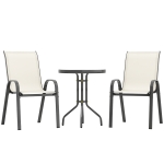 Outsunny 3 Pieces Bistro Set, Small Patio Furniture Set with Stackable Mesh Chairs, Glass Table for Garden, Balcony, Beige