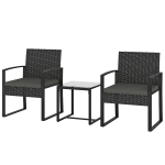 Outsunny Outdoor Bistro Set, 3 Piece Wicker Patio Furniture Set with Glass Top Table and Cushions for Porch, Balcony, Dark Grey
