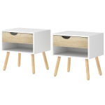 HOMCOM Set of 2 Bedside Table with Drawer and Shelf, Modern Nightstand with Wooden Legs, End Table for Bedroom, White