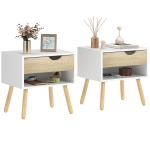 HOMCOM Set of 2 Bedside Table with Drawer and Shelf, Modern Nightstand with Wooden Legs, End Table for Bedroom, White