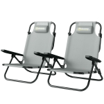 Outsunny Set of 2 Beach Chair 5-Position Adjustable Folding Camping Chair with Headrest Armrests Light Grey