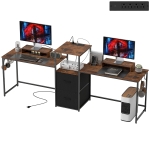 HOMCOM 96 Inch Gaming Desk, Dual Computer Desk for 2 Person with Power Outlets and Monitor Stands, Rustic Brown