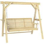 Outsunny 3 Seat Wooden Porch Swing with Stand, Patio Swing with Side Tables, for Garden, Poolside, Backyard, Natural Wood