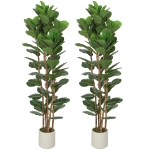 HOMCOM 6FT Artificial Fiddle Leaf Fig Tree Set of 2, Fake Potted Tree with Solid Wood Trunks for Indoor Decor, Green