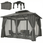 Outsunny 10' x 12' Outdoor Gazebo Canopy, Double Roof Hardtop Gazebo with Polycarbonate Roof, Steel Frame, Nettings and Curtains