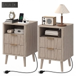 HOMCOM Nightstands Set of 2, Modern Bedside Tables with Charging Station, 2 Drawers and Open Shelf, Grey