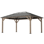 Outsunny 12' x 16' Hardtop Gazebo with Galvanized Steel Roof, UPF50+ Wood Permanent Pavilion with Clear Roof Top, Light Walnut