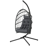 Outsunny Hanging Egg Chair with Stand, Foldable Wicker Rattan Swing Chair with Thick Cushion, Dust Cover and Safety Rope, Grey