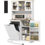 HOMCOM Kitchen Pantry Cabinet with Charging Station, 7 Gallon Trash Can Cabinet, Adjustable Shelves and Acrylic Doors, White