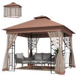 Outsunny 10'x10' Soft-top Steel Patio Gazebo Outdoor Sun Shelter with 2-Tier Polyester Roof, Curtain Sidewalls, Dark Brown