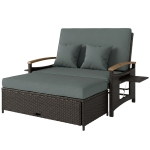 Outsunny Rattan Outdoor Daybed w/4-Level Adjustable Backrest, Patio Sofa Bed w/Storage Ottoman, Acacia Wood Armrest, Mixed Gray