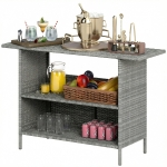 Outsunny Wicker Outdoor Bar Table, PE Rattan Bar Height Patio Table with 2 Shelves, Steel Frame for Garden, Backyard, Dark Grey