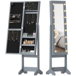 HOMCOM Free Standing Armoire Organizer, Lighted Mirrored Jewelry Cabinet w/ Angle Adjustable & 16 LED Lights, Grey