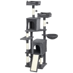 PawHut Cat Tree, 70" Multi-Level Cat Tower with 2 Condos, 2 Perches, Hammock, Toy Balls, Scratching Posts and Board, Dark Grey