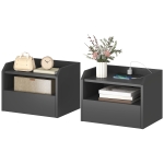HOMCOM Wall Mounted Bedside Table, Set of 2 Floating Nightstand with Charging Station, Drawer and Open Shelf for Bedroom, Black