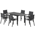 Outsunny Patio Dining Set for 6, Aluminum Expandable Outdoor Table and 6 Stackable Chairs with Padded Back, Mesh Seat, Black