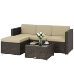 Outsunny 3 Pieces Patio Furniture Set with Cushions, Outdoor PE Rattan Wicker Conversation Corner Sofa Set, Khaki