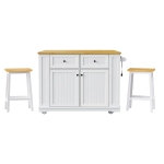 Stylish Island Set with Built-In 3 AC Outlets and 2 USB Ports, Kitchen Island and 2 Bar Stools for Dining Area, 48'' L x 29.5'' W x 36.5'' H, White
