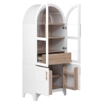Arched Kitchen Pantry Cabinet with Large Hidden Drawer, Glass-Door Storage with Soft-Close Hinges, 30'' L x 15.5'' W x 71'' H, White