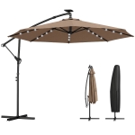 Outsunny 9.7 ft Cantilever Patio Umbrella with Solar Light, Garden Hanging Parasol with Cover, Tilt, Crank, Khaki