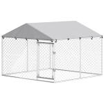 PawHut 7.5' x 7.5' x 5.6' Outdoor Dog Kennel Heavy Duty Galvanized Steel Chain Link with UV-resistant Roof, Silver