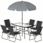 Outsunny 8 Piece Patio Table and Chairs Set with Folding Chairs, Tempered Glass Tabletop and Umbrella for Garden, Black