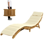 Outsunny Folding Chaise Lounge Chair Outdoor, Acacia Wood Lounger Tanning Chair with Cushion, Headrest, Cream White