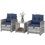 Outsunny 5 Piece Patio Furniture Set, Wicker Patio Chairs with Ottomans, 2-Tier Glass Coffee Table and Cushions, Grey/Dark Blue