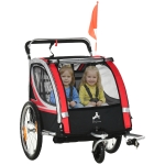 Aosom 2 Seat Bike Trailer for Kids 2-in-1 Double Baby Stroller with Handbrake, Rubber Wheels, 5 Point Harness, Waterproof Cover, Storage Bag, Reflectors, Red