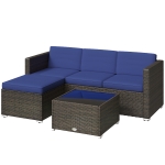 Outsunny 3 Pieces Patio Furniture Set with Cushions, Outdoor PE Rattan Wicker Conversation Corner Sofa Set with Glass Top Table