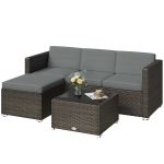 Outsunny 3 Pieces Patio Furniture Set with Cushions, Outdoor PE Rattan Wicker Conversation Corner Sofa Set with Glass Top Table