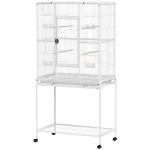 PawHut 64" Large Rolling Bird Cage Bird House with Detachable Rolling Stand, Storage Shelf, Wood Perch Food Container, White