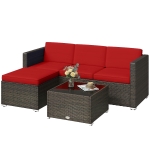 Outsunny 3 Pieces Patio Furniture Set with Cushions, Outdoor PE Rattan Wicker Conversation Corner Sofa Set with Glass Top Table