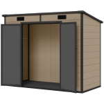 Outsunny 8' x 4' Plastic Outdoor Storage Shed with Floor, Window, Lockable Doors and Vents for Backyard Patio Lawn, Light Brown
