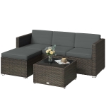 Outsunny 3 Pieces Patio Furniture Set with Cushions, Outdoor PE Rattan Wicker Conversation Corner Sofa Set, Dark Grey