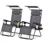 Outsunny Zero Gravity Chair Set of 2 with Canopy Shade, Outdoor Folding Lounge Chair with Side Tray, Cup Holder, Reclining Lounger with Breathable Mesh Seat and Pillow, Dark Grey