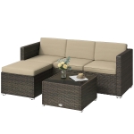 Outsunny 3 Pieces Patio Furniture Set with Cushions, Outdoor PE Rattan Wicker Conversation Corner Sofa Set, Khaki