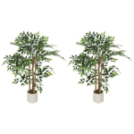 HOMCOM 4FT Artificial Banyan Tree Set of 2, Fake Potted Tree with Solid Wood Trunk and Pot for Indoor